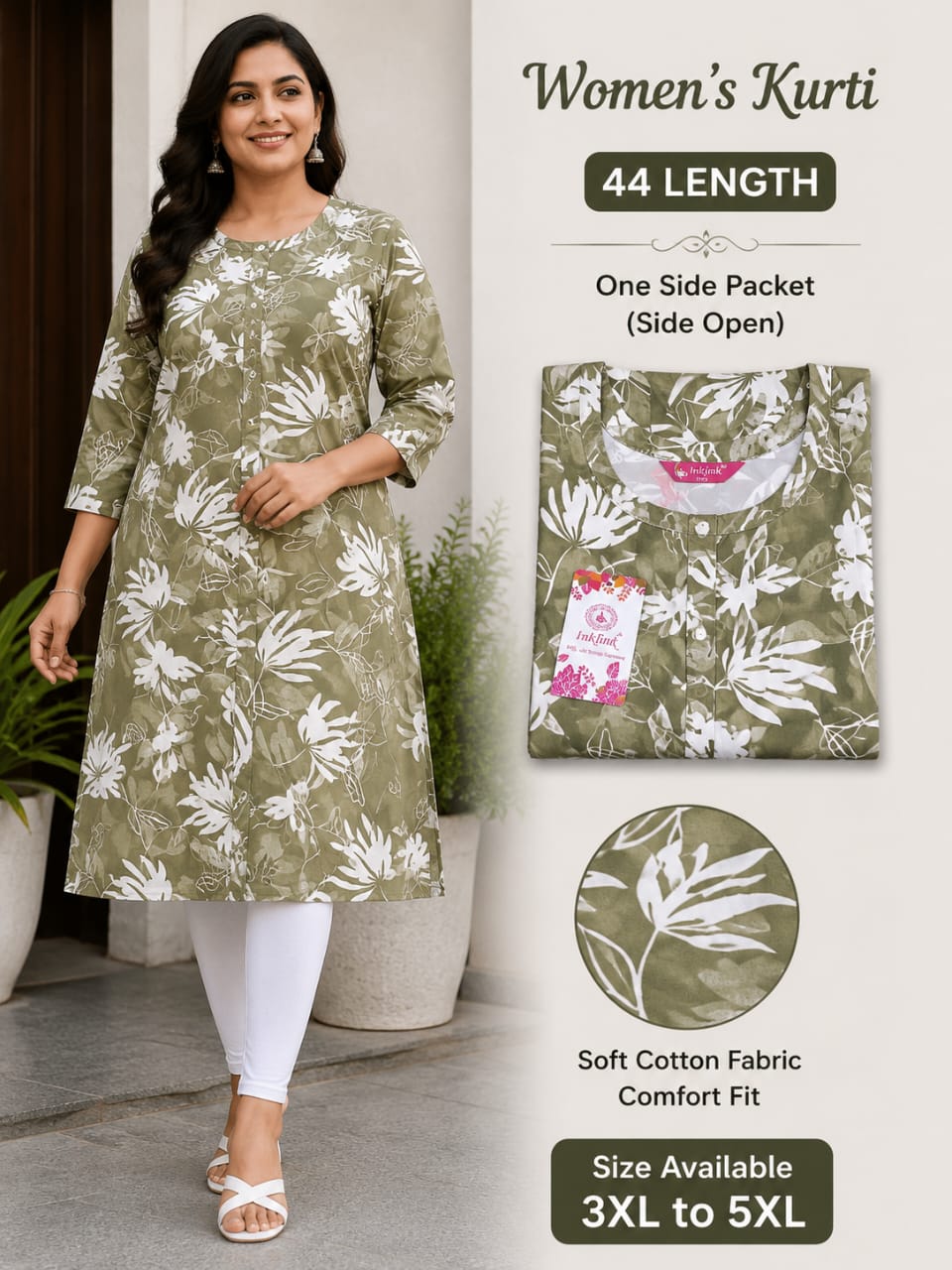 Olive green colour floral printed kurti with side packet