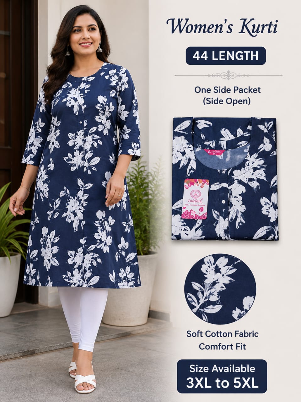 Navy blue colour floral printed kurti with side packet